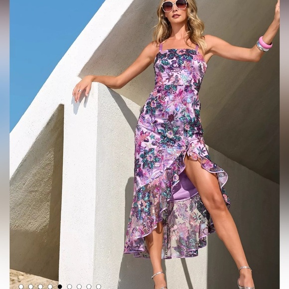 Boston Proper Embroidered Sequin Mesh Ruffle Slit Midi Dress Purple Multi Sz 4 - Picture 1 of 12